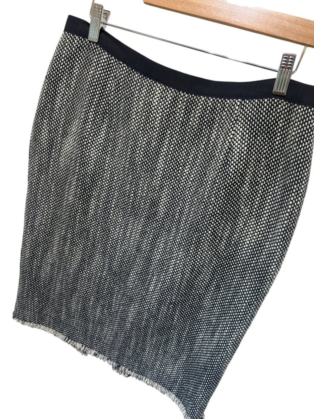 The Limited Womens Black & White Textured Pencil Skirt Fringe Hem Back Slit Size